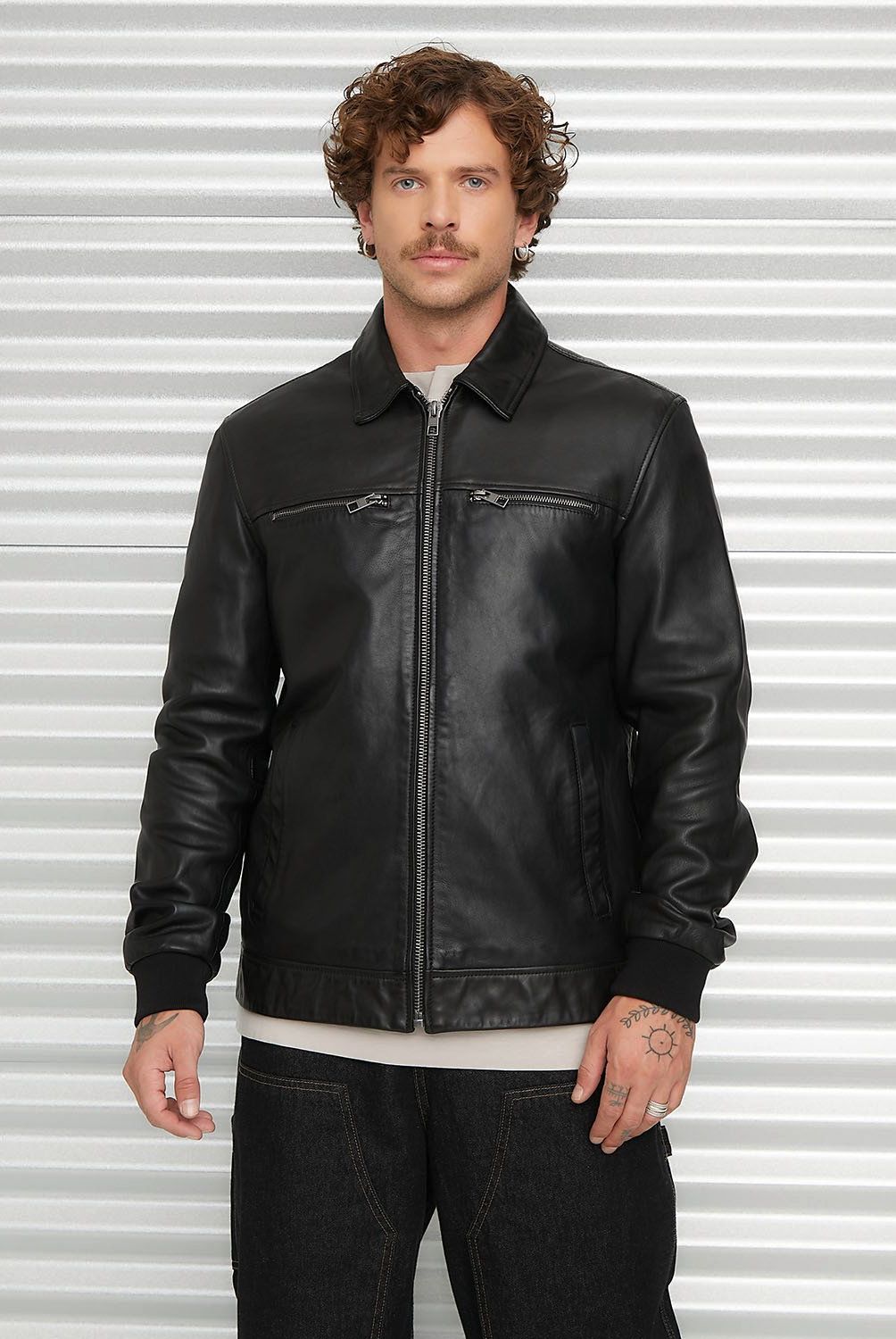 AMERICANINO - Chaqueta de Cuero Americanino Clásica Hombre Manga Larga