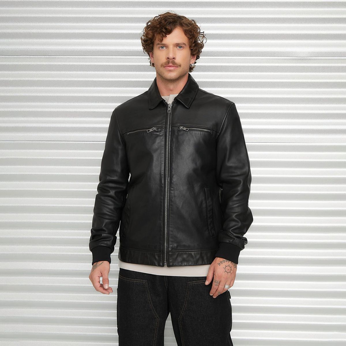 AMERICANINO - Chaqueta de Cuero Americanino Clásica Hombre Manga Larga