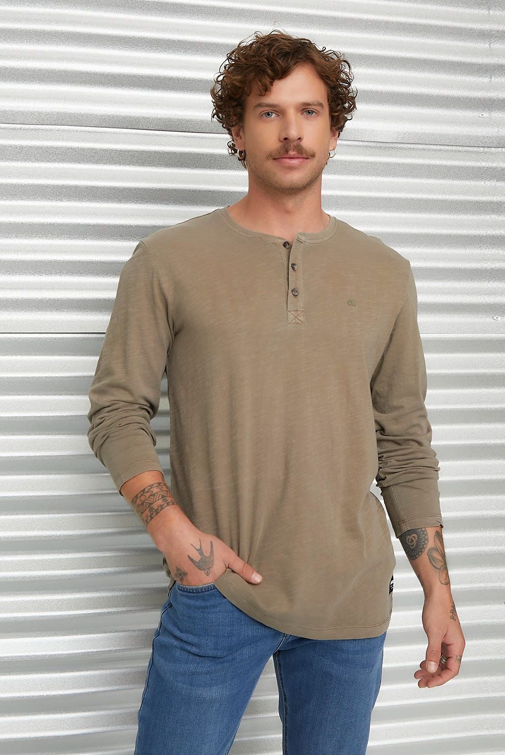 AMERICANINO - Polera Manga Corta Henley Hombre Americanino