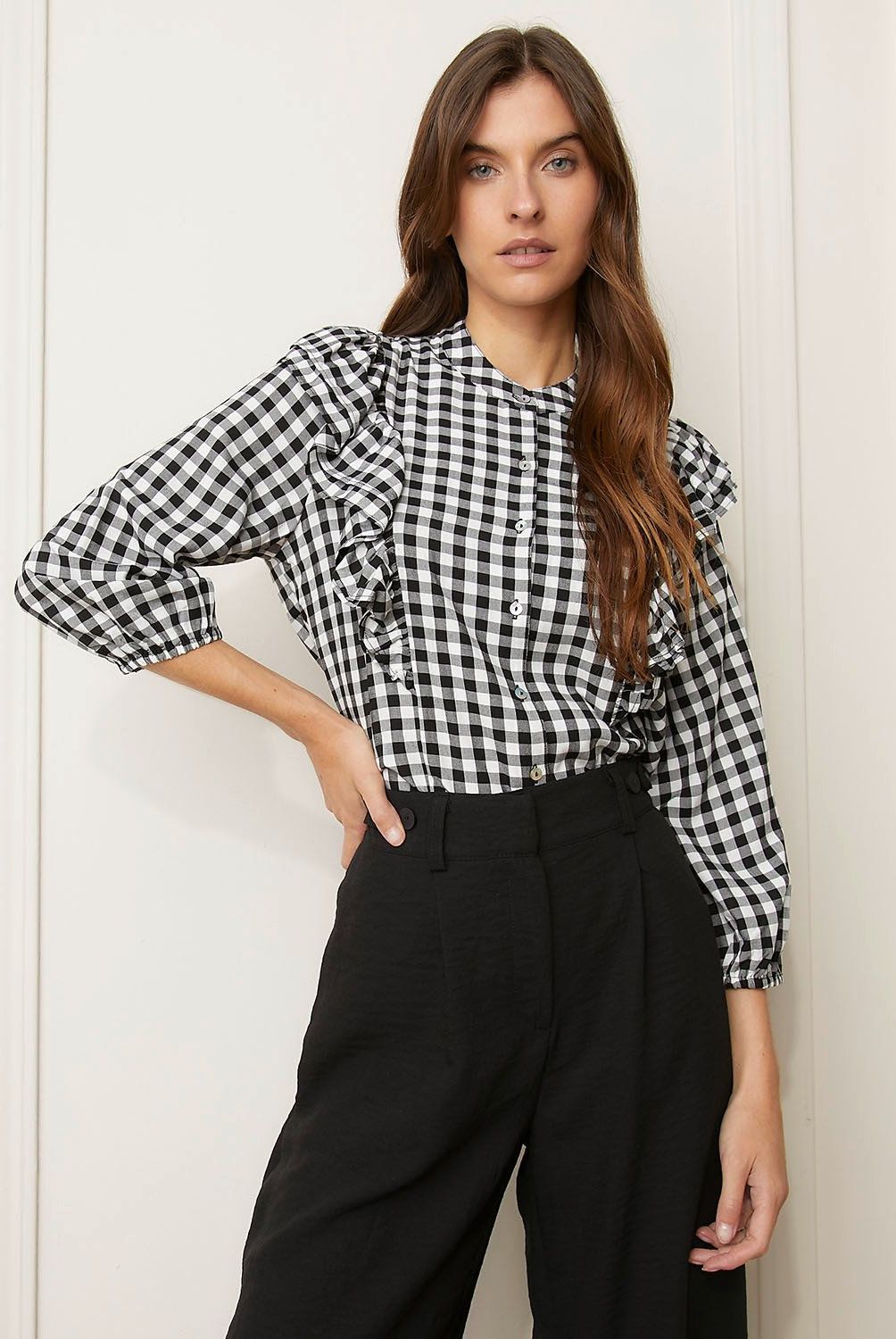 BASEMENT - Blusa Manga Larga Mujer Basement Diseño Cuadros