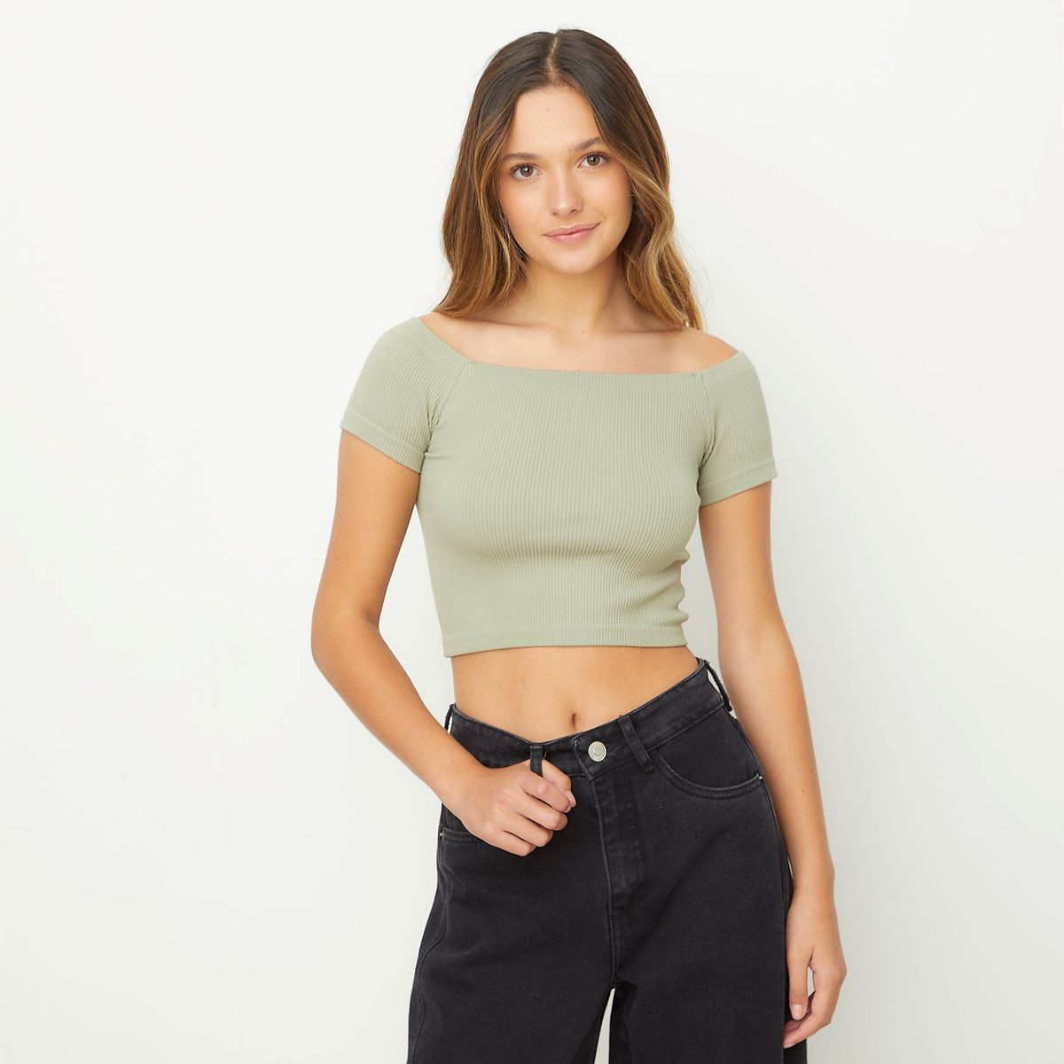 SYBILLA - Crop Top Off Shoulder Manga Corta Mujer Sybilla