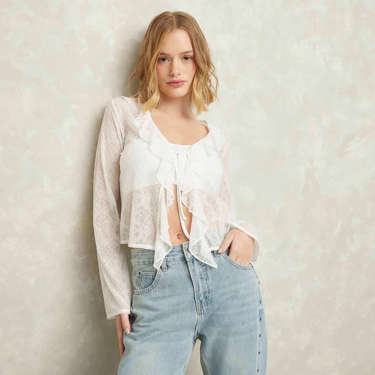 SYBILLA - Blusa Encaje Mujer Sybilla Manga Larga con Volados