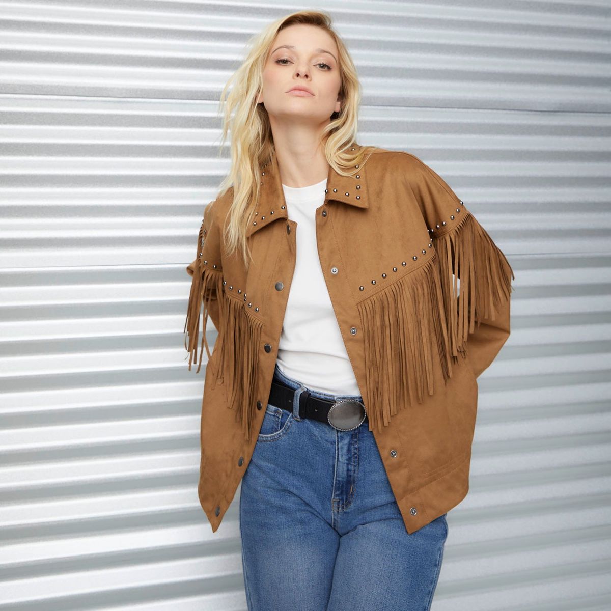 AMERICANINO - Chaqueta Americanino Mujer Flecos Diseño Liso Manga Larga