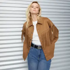 AMERICANINO - Chaqueta Mujer Flecos Diseño Liso Manga Larga