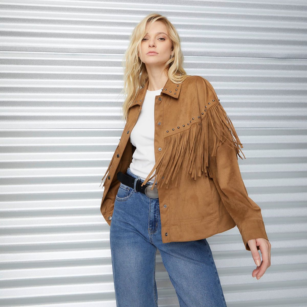 AMERICANINO - Chaqueta Americanino Mujer Flecos Diseño Liso Manga Larga