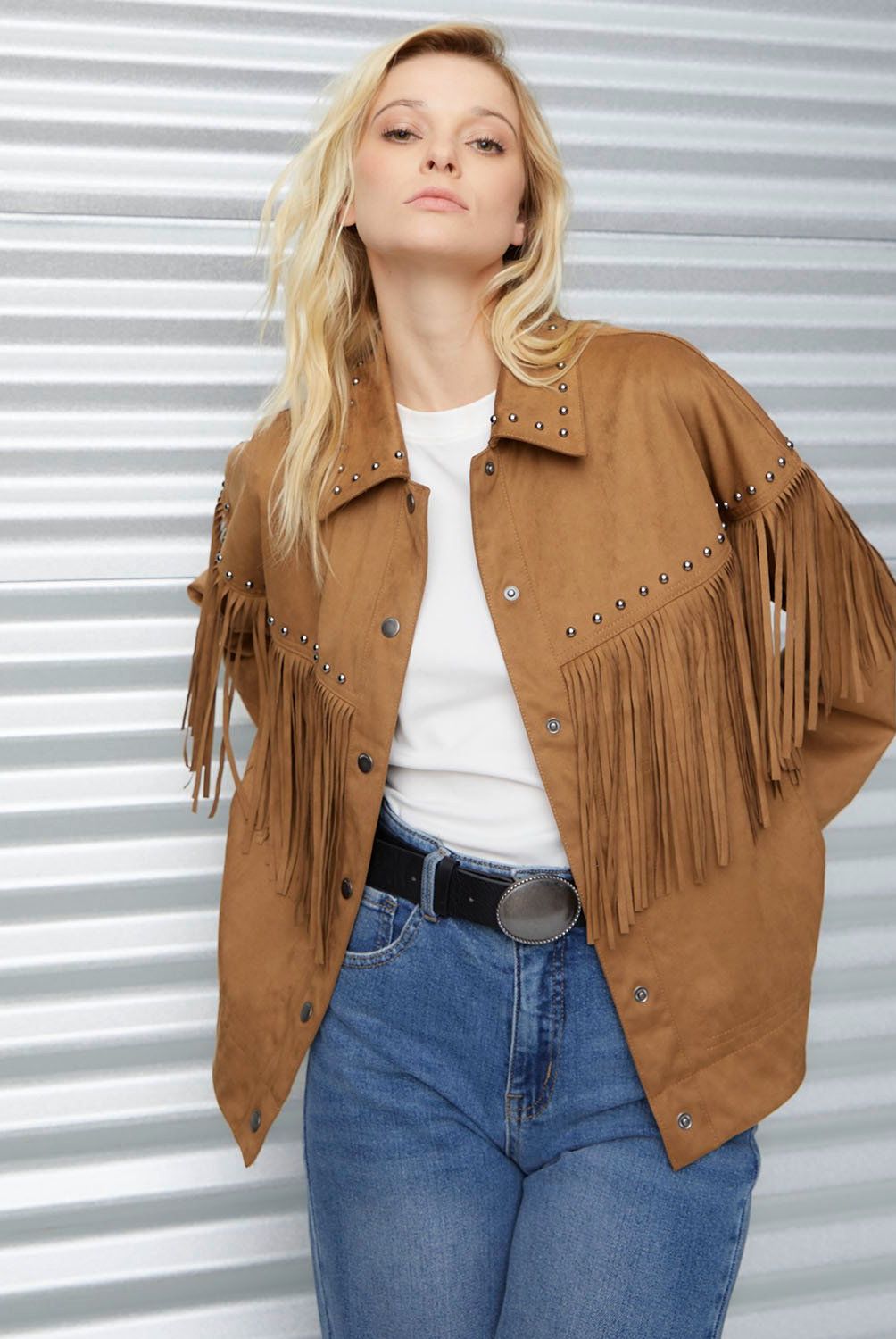 AMERICANINO - Chaqueta Americanino Mujer Flecos Diseño Liso Manga Larga