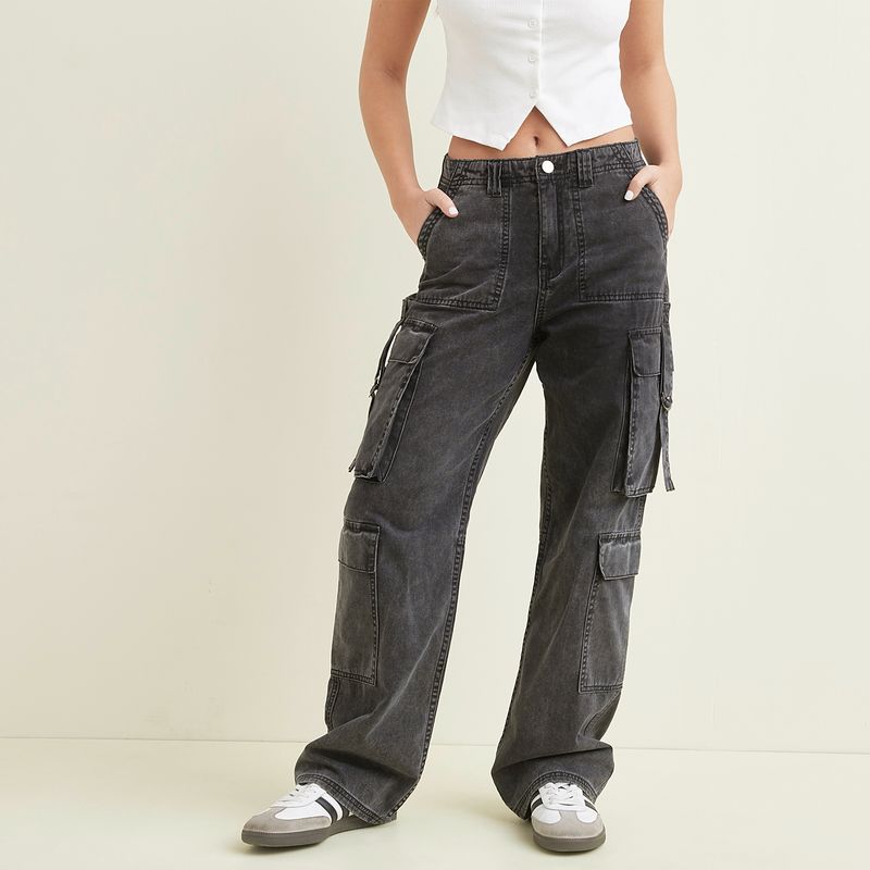 SYBILLA - Jeans Cargo Tiro Alto Mujer Sybilla Algodón Straight Casual
