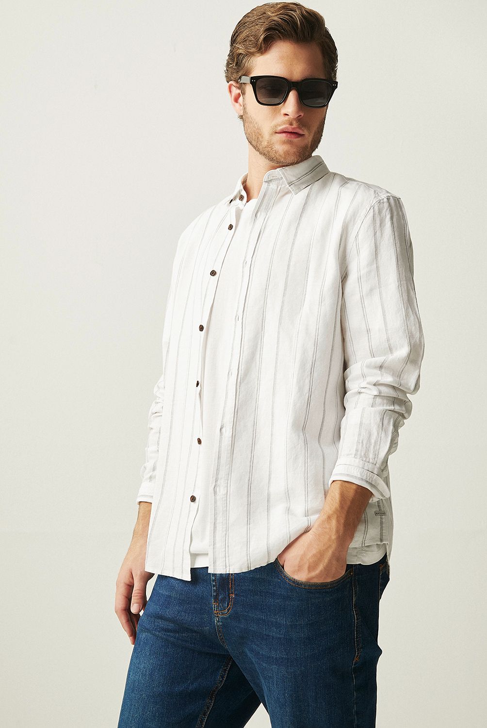 BASEMENT - Camisa Manga Corta Lino Hombre Basement