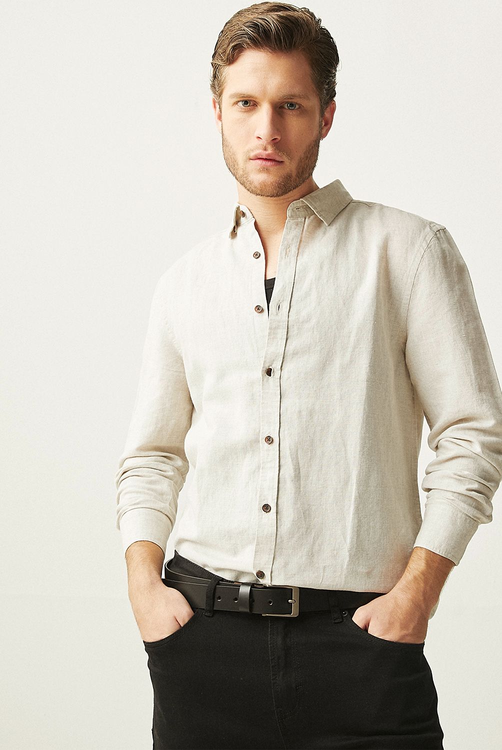 BASEMENT - Camisa Manga Corta Lino Hombre Basement