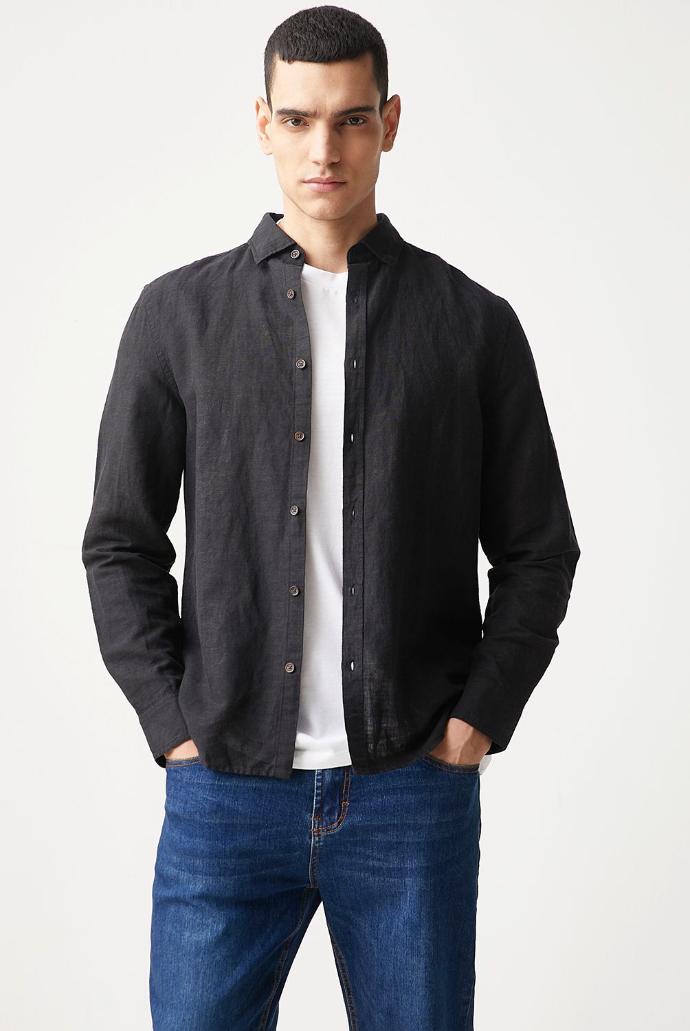 BASEMENT - Camisa Manga Corta Lino Hombre Basement