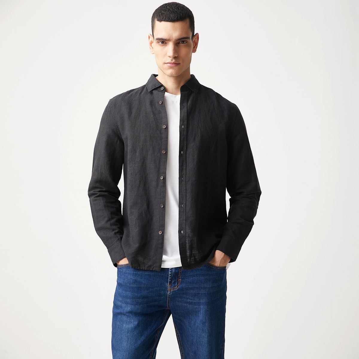 BASEMENT - Camisa Manga Larga Lino Hombre Basement