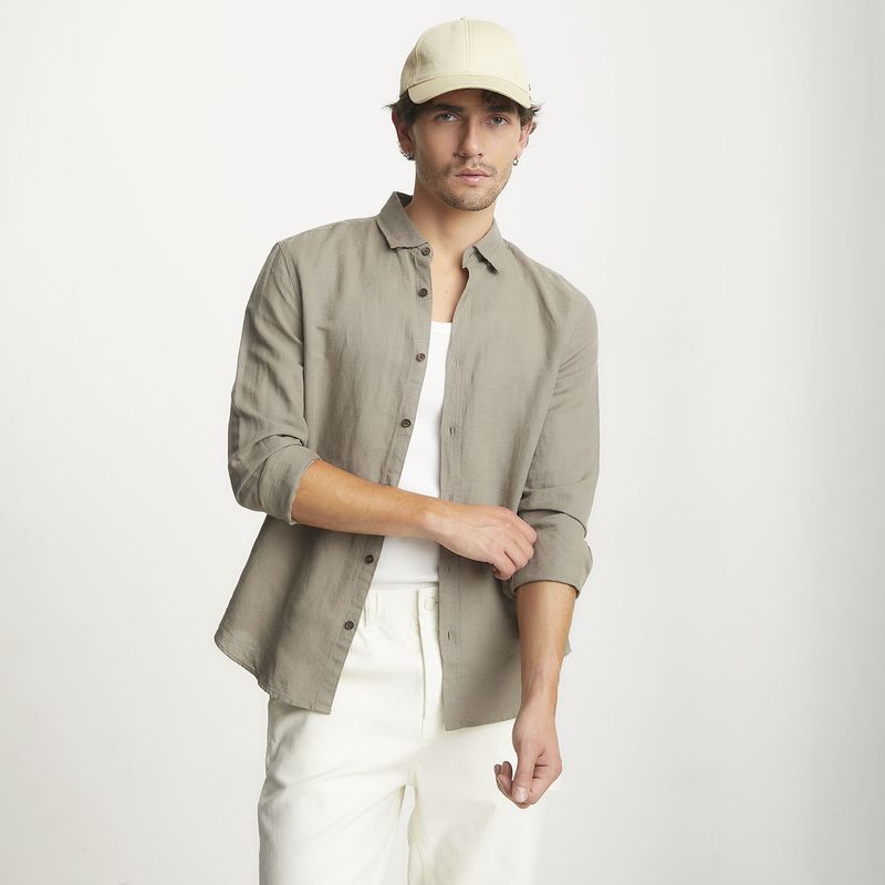 BASEMENT - Camisa Manga Corta Lino Hombre Basement