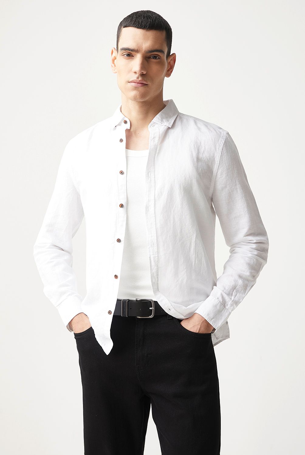 BASEMENT - Camisa Manga Corta Lino Hombre Basement