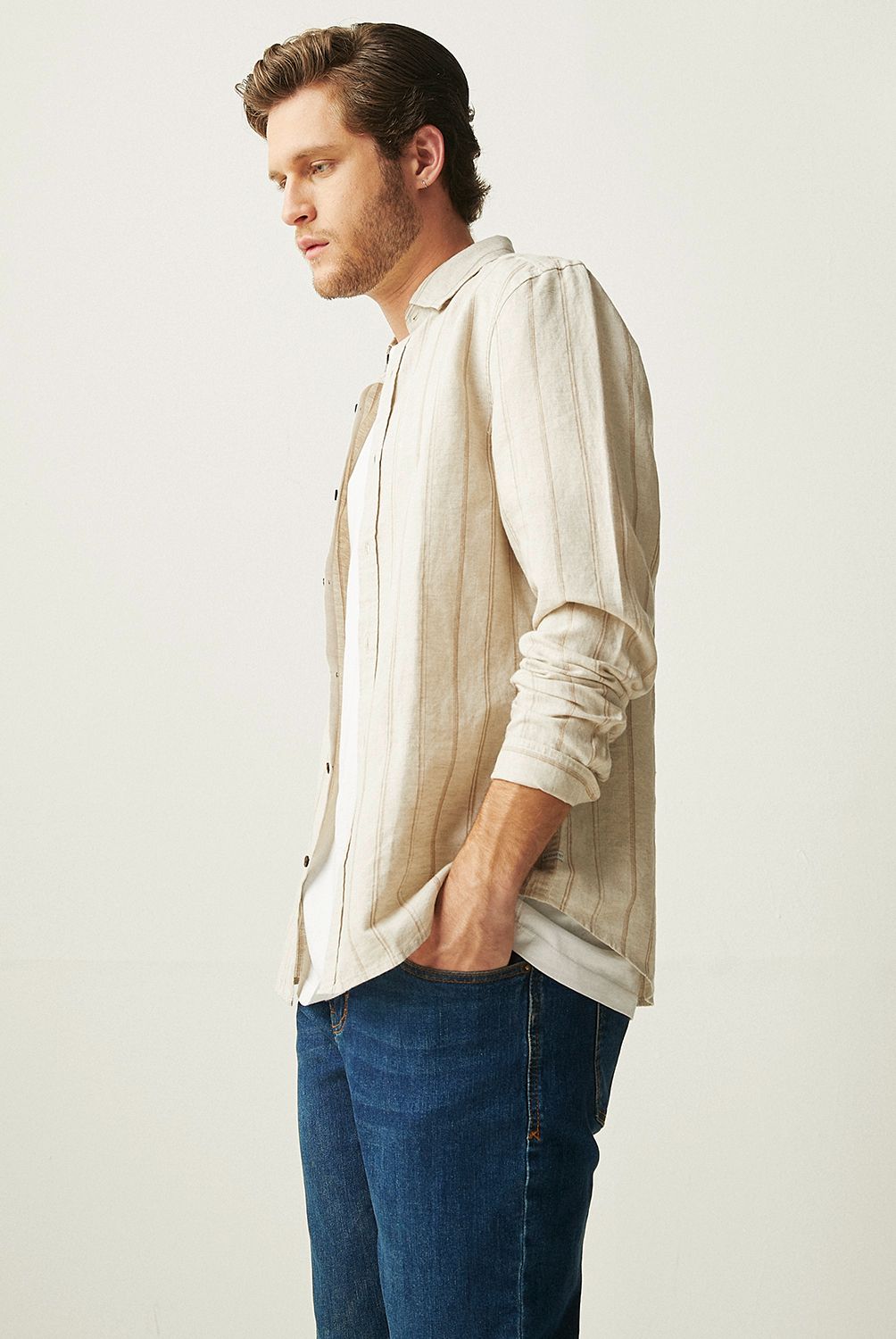 BASEMENT - Camisa Manga Corta Lino Hombre Basement
