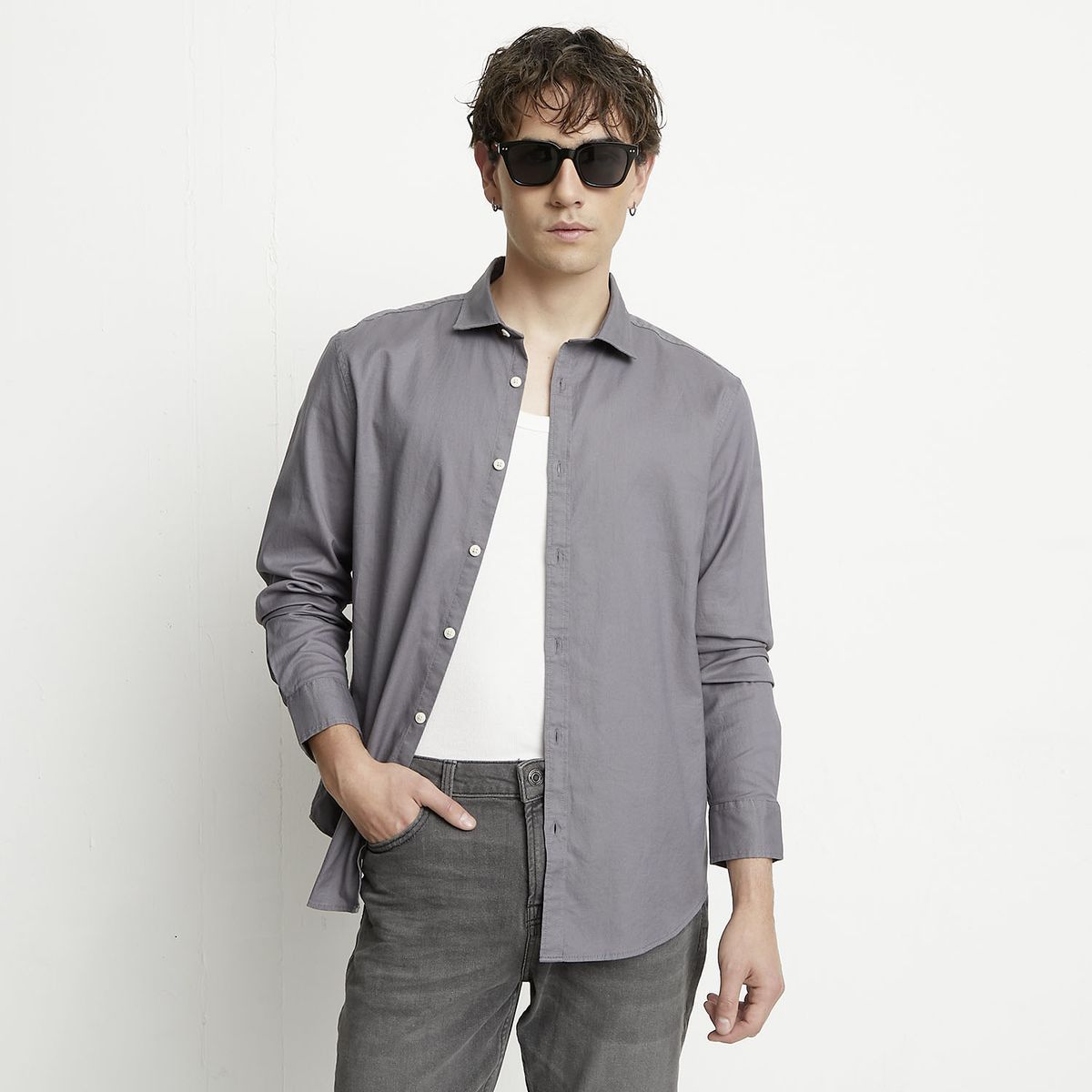 BASEMENT - Camisa Casual Manga Larga Hombre Basement