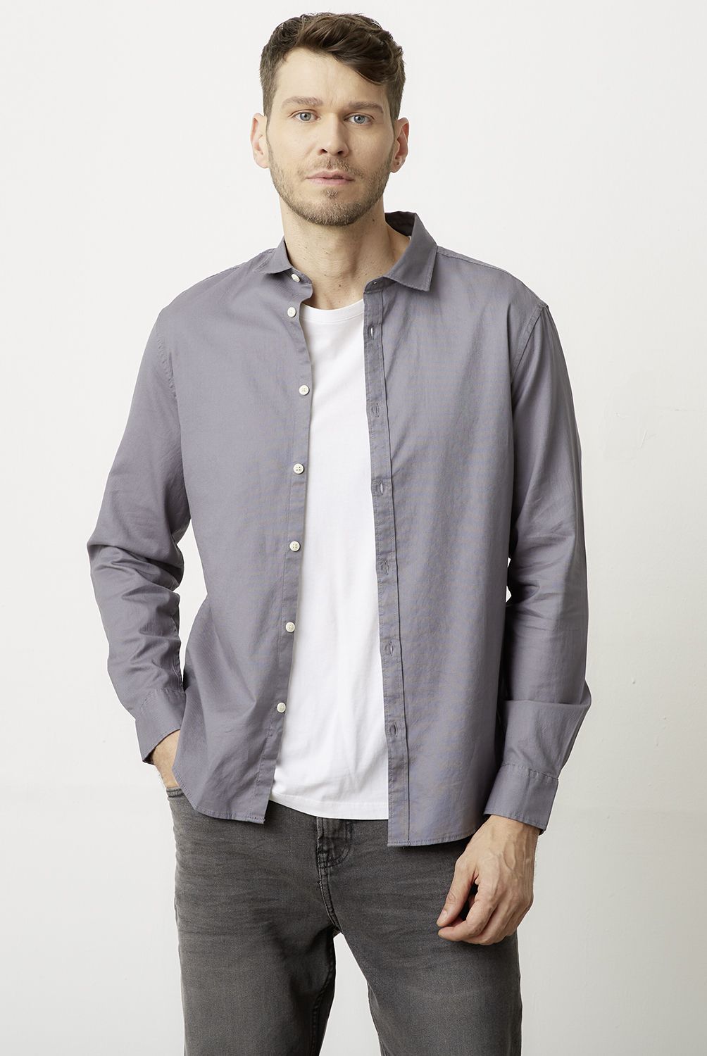 BASEMENT - Camisa Casual Manga Larga Hombre Basement