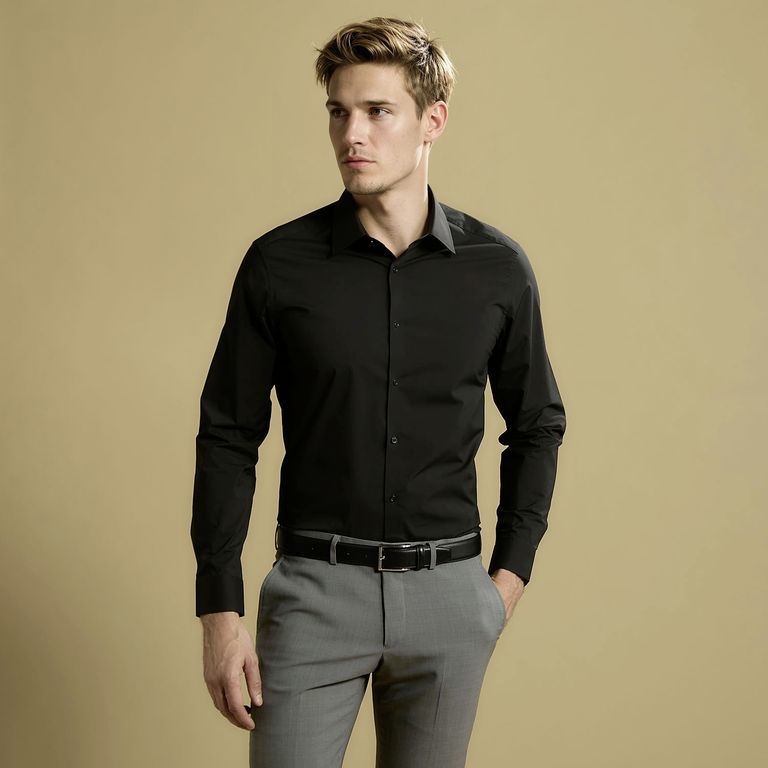 Camisa de Vestir Hombre Manga Larga Algodón Lisa