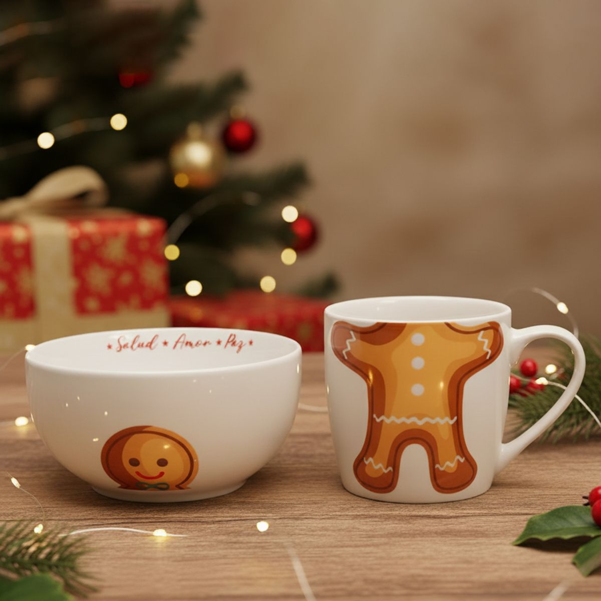 MICA - Set Mug 360 ml + Bowl 13 cm Apilable Navidad Galleta Jengibre Mica