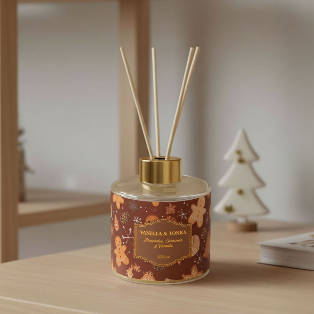 MICA - Difusor Navideño Aroma Almendra, Caramelo Y Vainilla 150 Ml Con Varillas Mica
