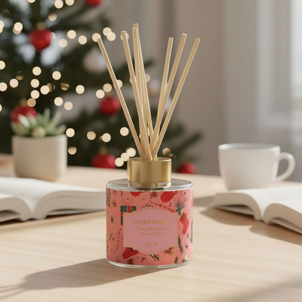 MICA - Difusor Navideño Aroma Fresa, Manzana y Clavo De Olor 150 Ml Con Varillas Mica