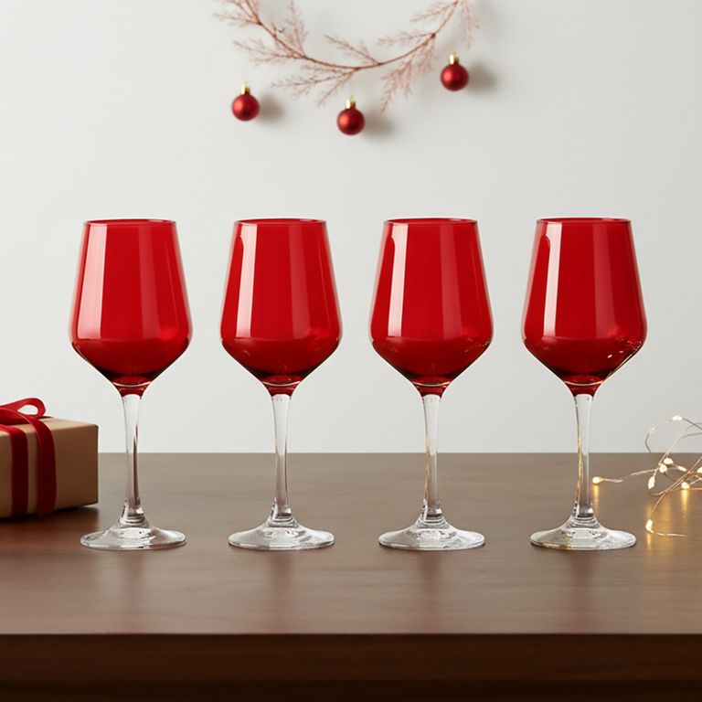 Set 4 Copas Vidrio Vino Tinto 420 Ml Navidad Roja