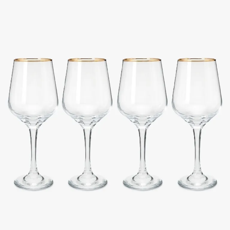 Set 4 Copas de Vino Tinto Vidrio con Borde Dorado Navidad