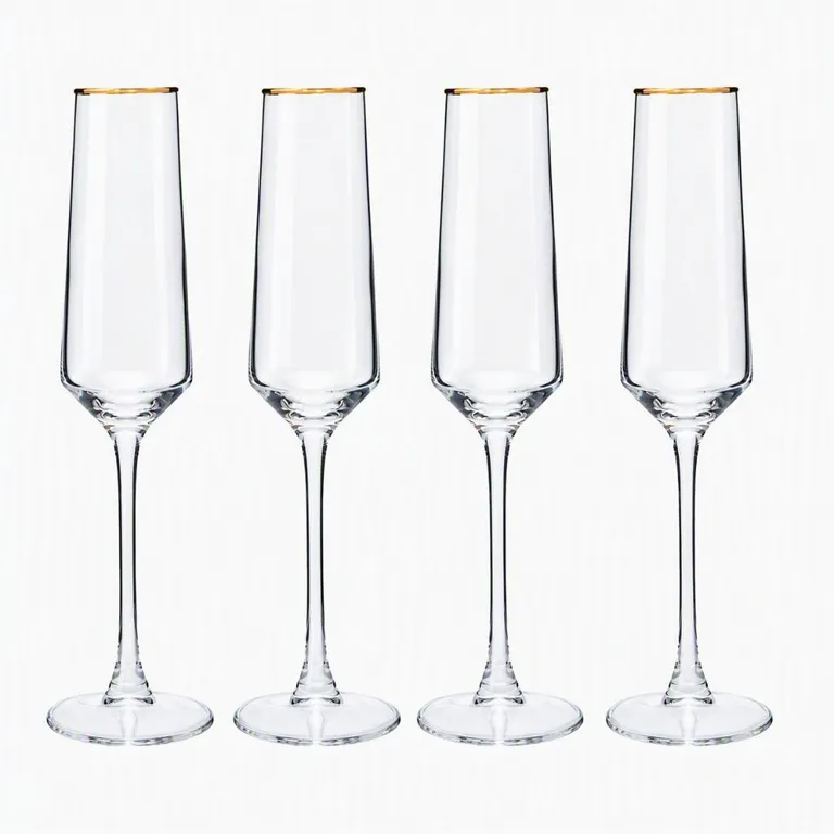 Set 4 Copas Champagne Vidrio con Borde Dorado Navidad