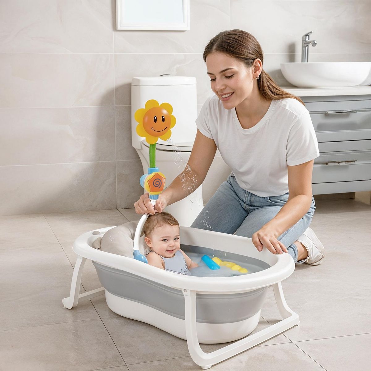 YAMP - Bañera Bebe Plegable + Cojin + Ducha Gris Yamp
