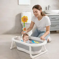PRIORI - Bañera Bebe Plegable + Cojin + Ducha Gris