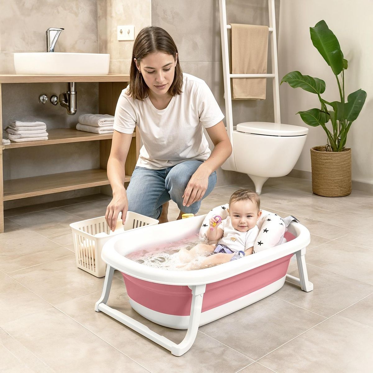 YAMP - Bañera Bebe Plegable + Cojín Pol Rosa Yamp
