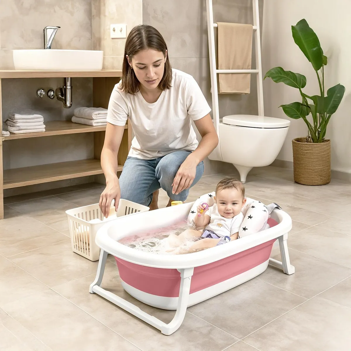 YAMP - Bañera Bebe Plegable + Cojín Pol Rosa Yamp