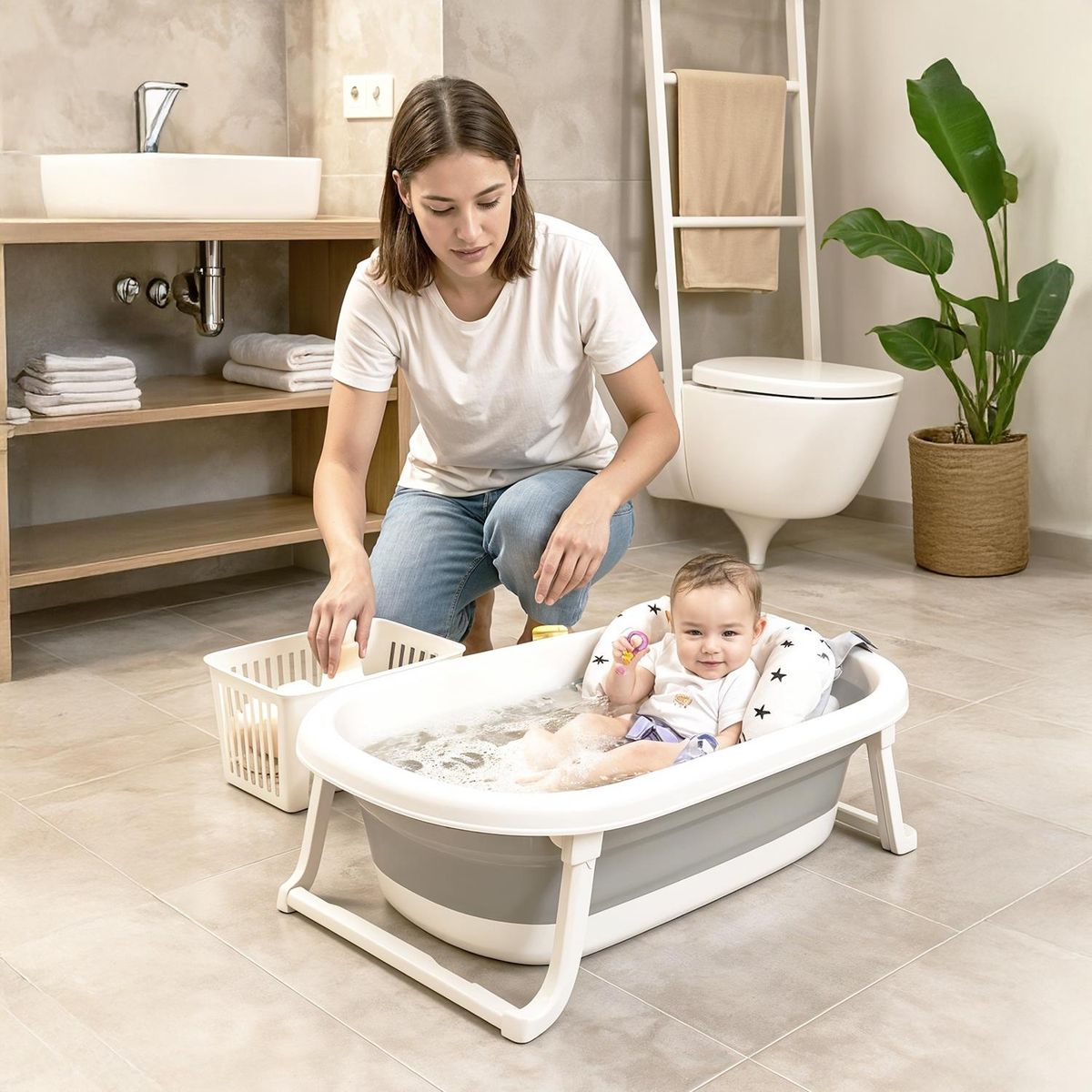 YAMP - Bañera Bebe Plegable + Cojín Pol Gris Yamp