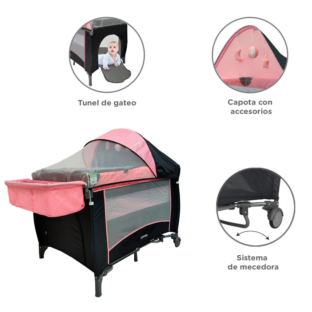YAMP - Cuna Corral Pack And Play Lima Con Accesorios Rosado Yamp