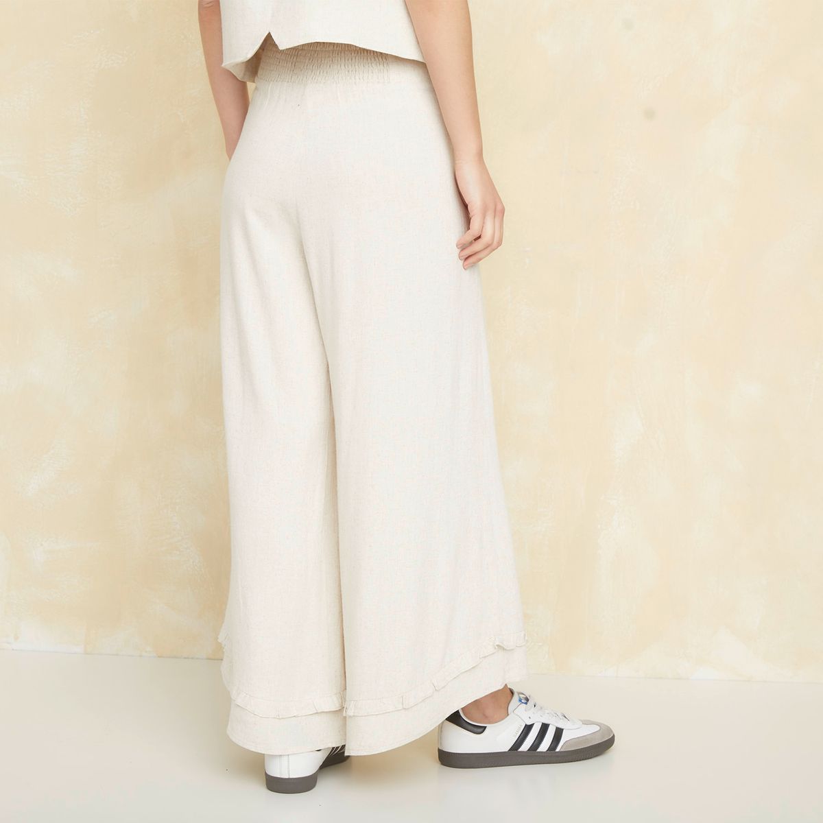 UNIVERSITY CLUB - Pantalón Flare Tiro Alto Fit Holgado Viscosa Lino Mujer University Club