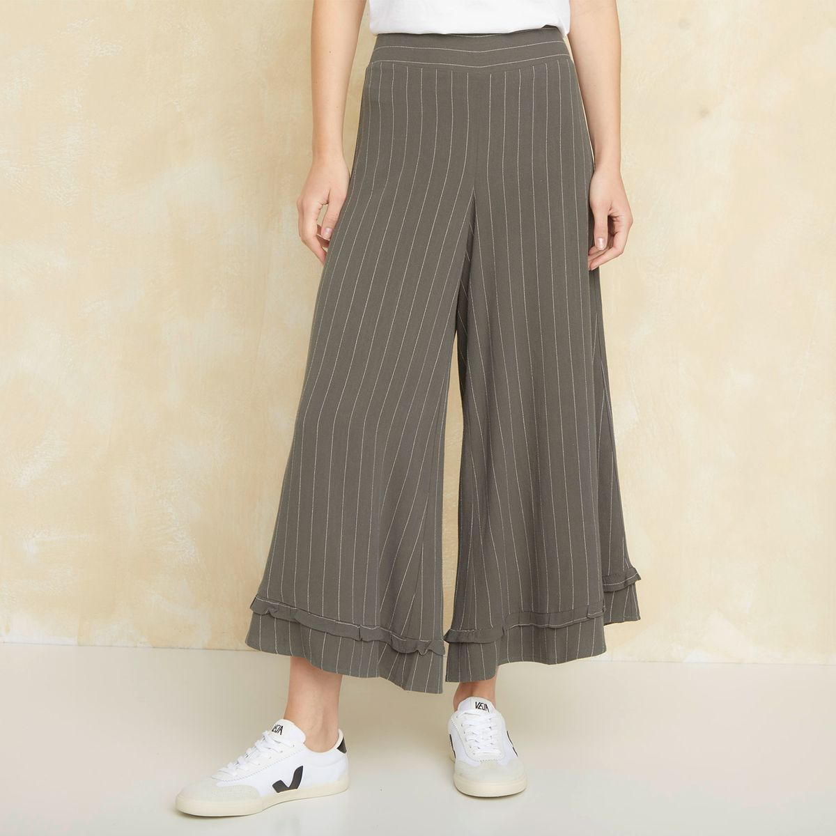 UNIVERSITY CLUB - Pantalón Flare Tiro Alto Fit Holgado Viscosa Lino Mujer University Club