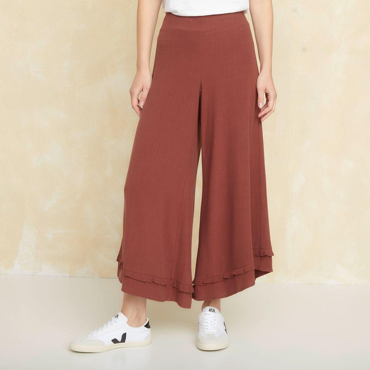 UNIVERSITY CLUB - Pantalón Flare Tiro Alto Fit Holgado Viscosa Lino Mujer University Club