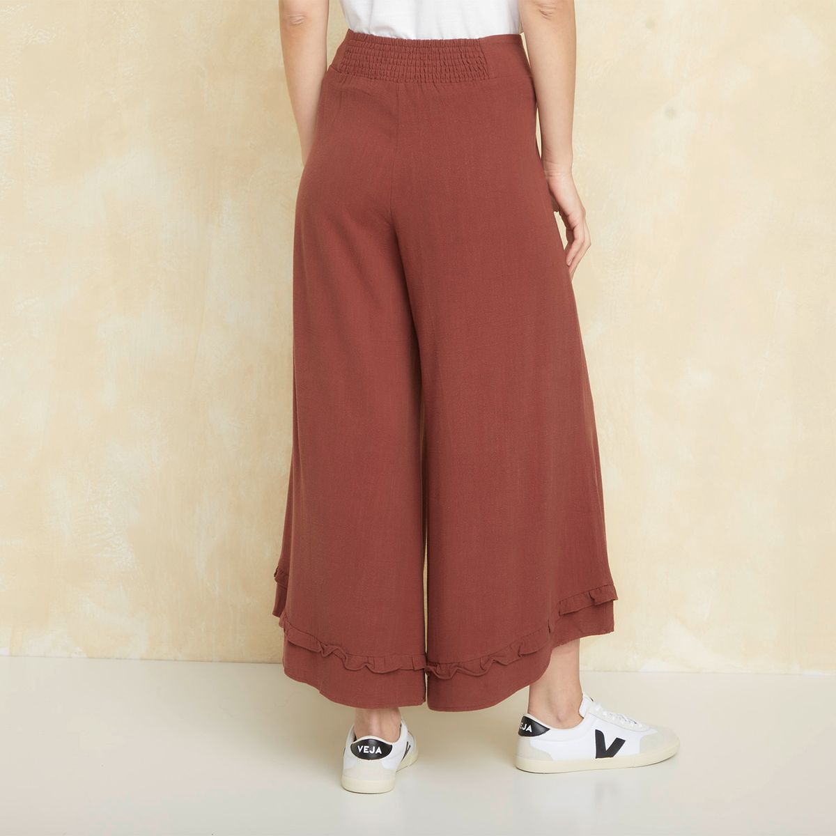 UNIVERSITY CLUB - Pantalón Flare Tiro Alto Fit Holgado Viscosa Lino Mujer University Club