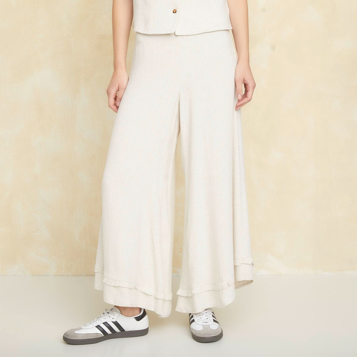 UNIVERSITY CLUB - Pantalón Flare Tiro Alto Fit Holgado Viscosa Lino Mujer University Club