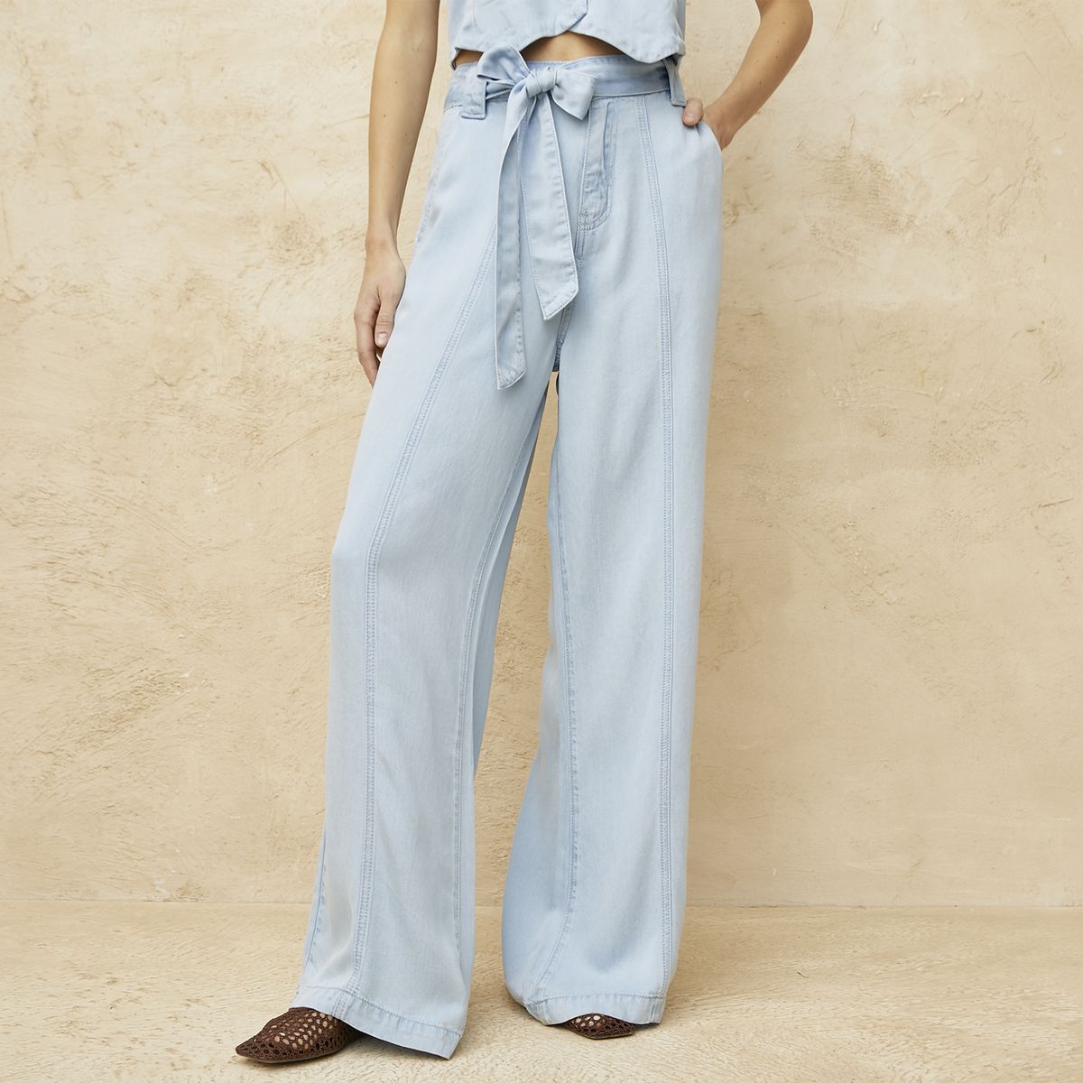 BASEMENT - Pantalón Wide Leg Tiro Alto Mujer Basement