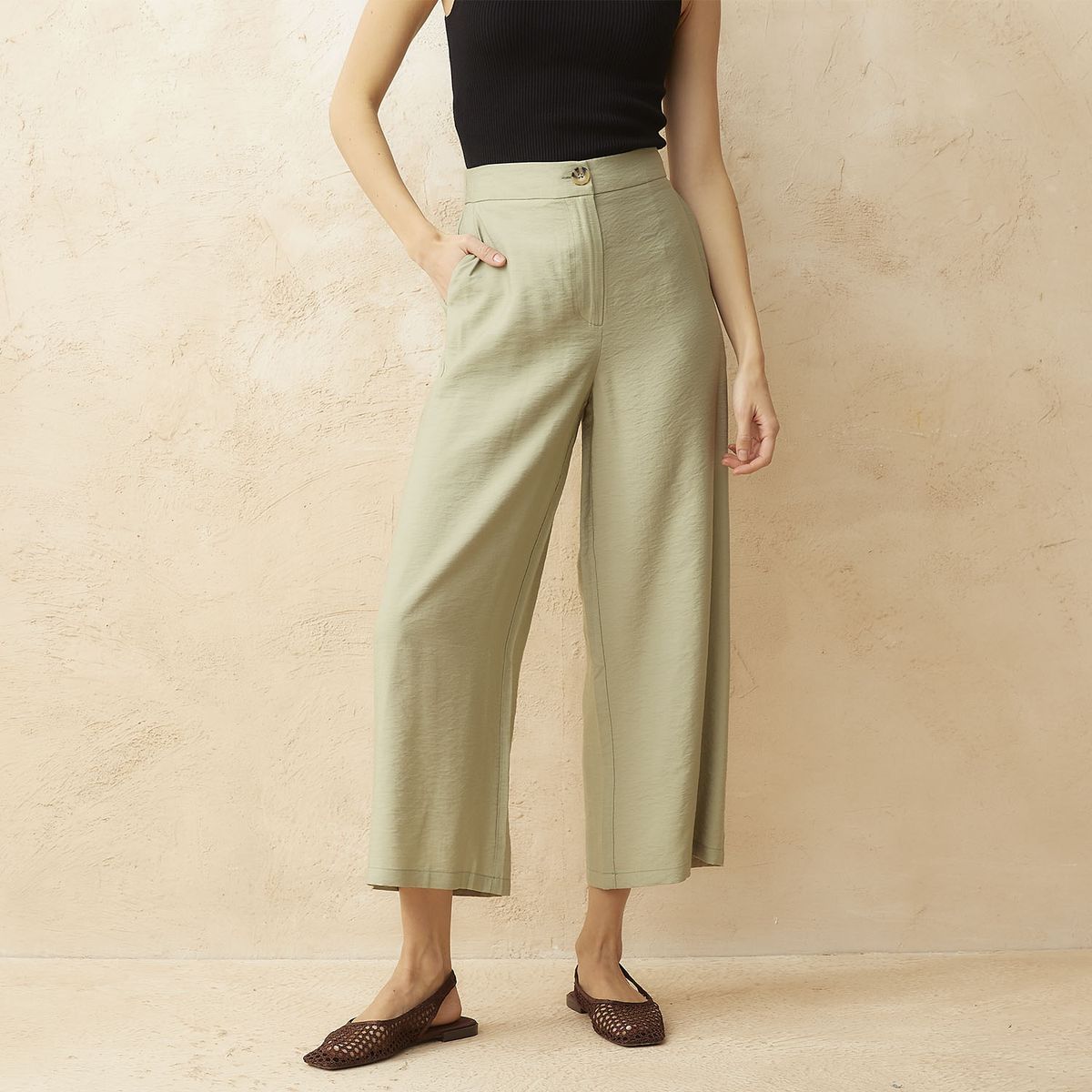 BASEMENT - Pantalón Culotte Tiro Bajo Fit Flare Viscosa Mujer Basement