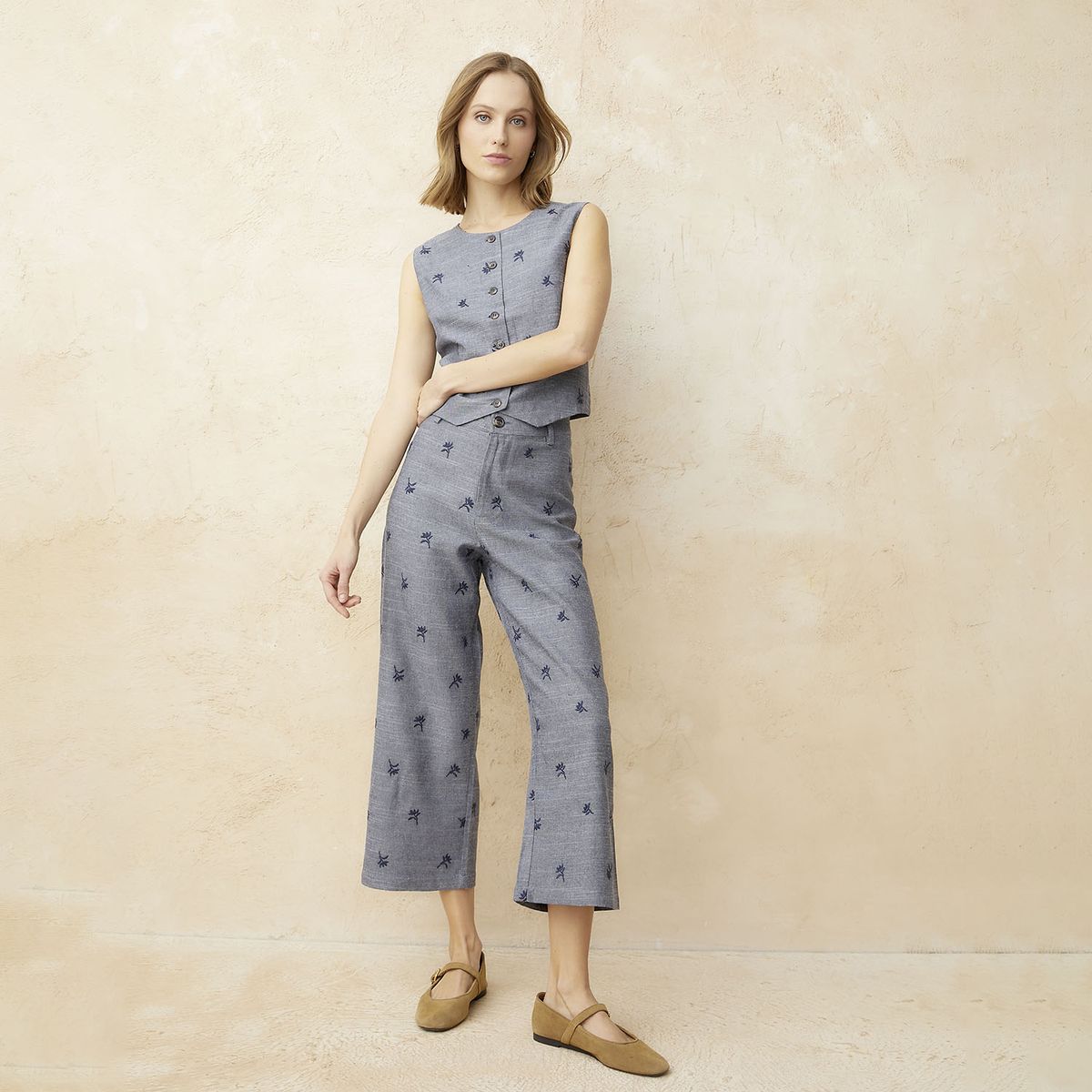BASEMENT - Pantalón Wide Leg Tiro Alto Lino Mujer Basement