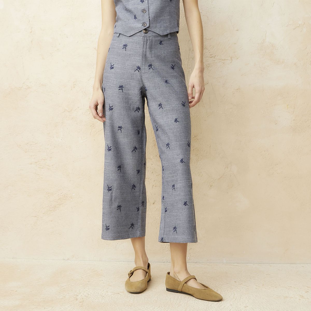 BASEMENT - Pantalón Wide Leg Tiro Alto Lino Mujer Basement