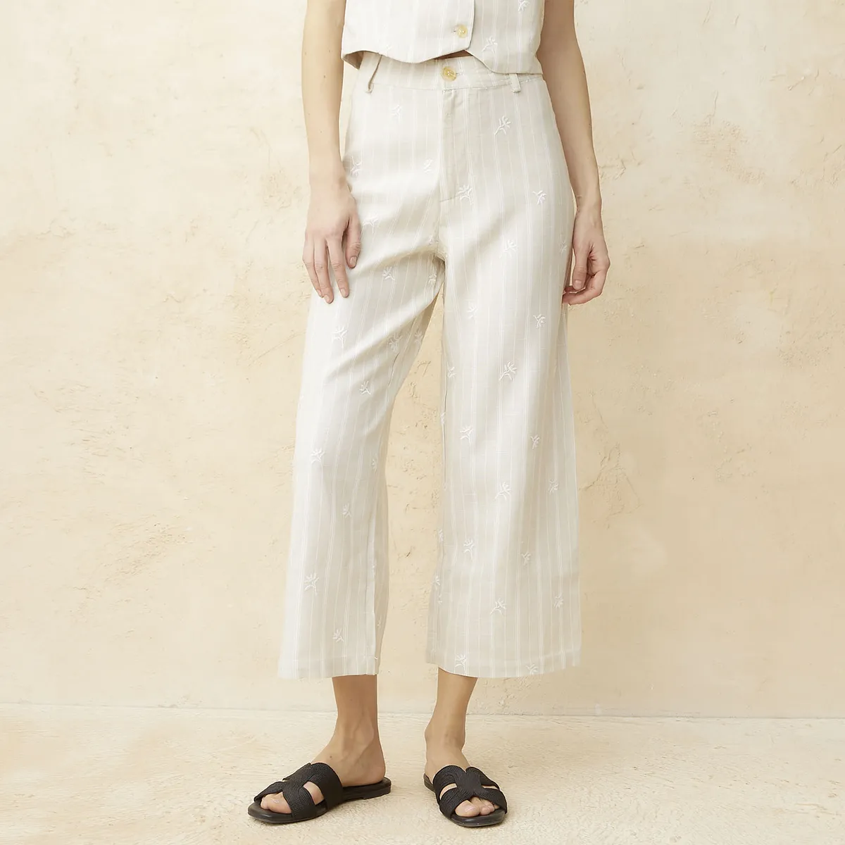 BASEMENT - Pantalón Wide Leg Tiro Alto Lino Mujer Basement