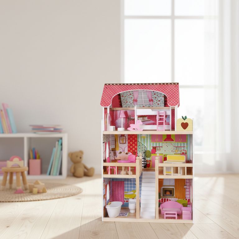 SCOOP Casa Muñecas Madera Con Muebles 15 Pcs 74 Cms