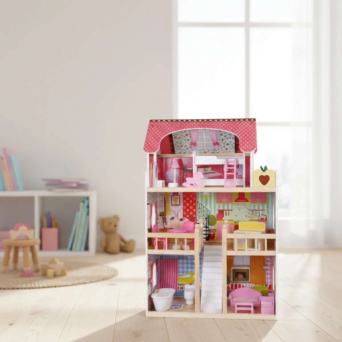 SCOOP - Casa Muñecas Madera Con Muebles 15 Pcs 74 Cms Scoop