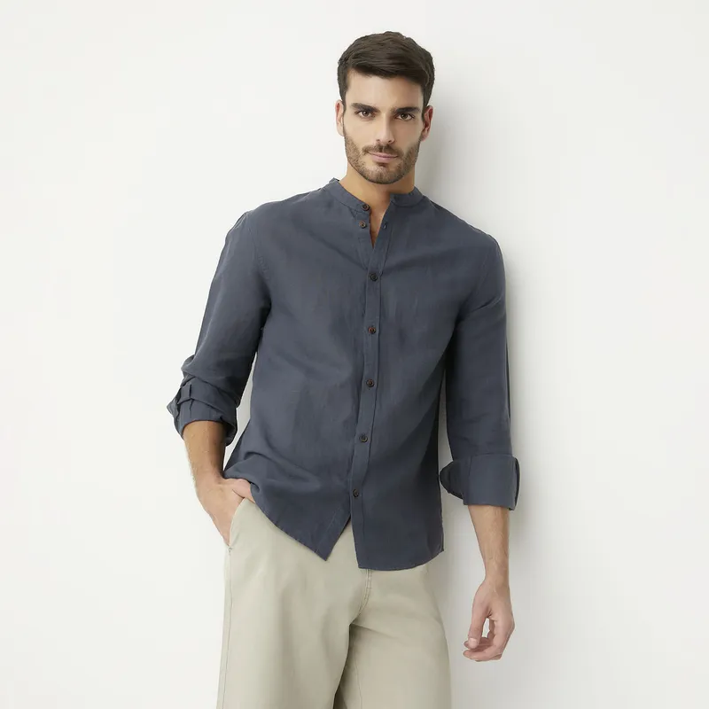 BASEMENT - Camisa Casual Manga Larga Lino Hombre Basement