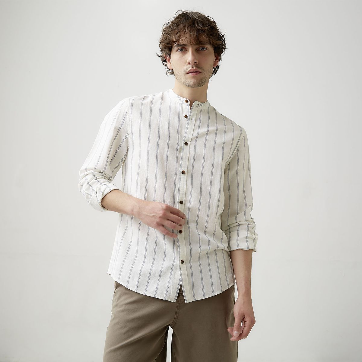 BASEMENT - Camisa Casual Manga Larga Lino Hombre Basement