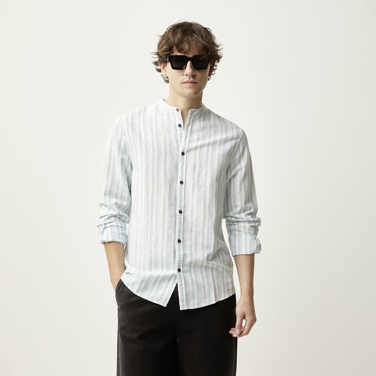 BASEMENT - Camisa Casual Manga Larga Lino Hombre Basement