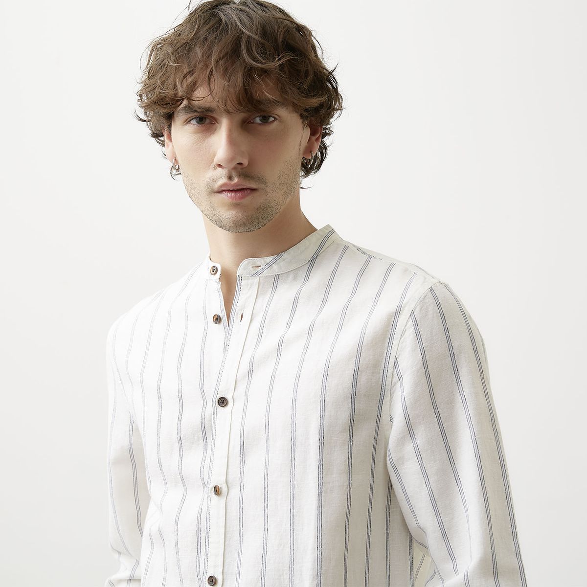 BASEMENT - Camisa Casual Manga Larga Lino Hombre Basement