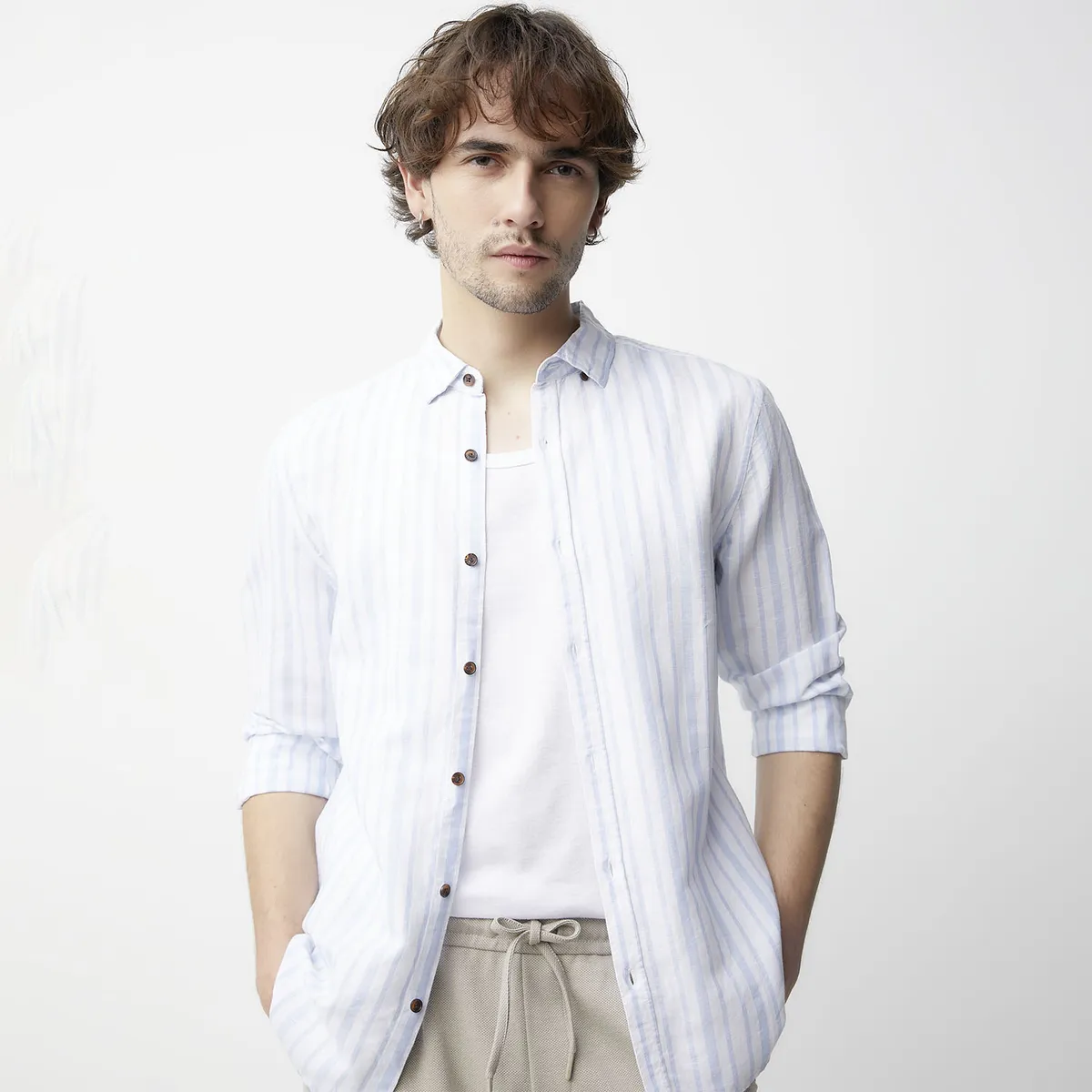 BASEMENT - Camisa Manga Larga Lino Hombre Basement